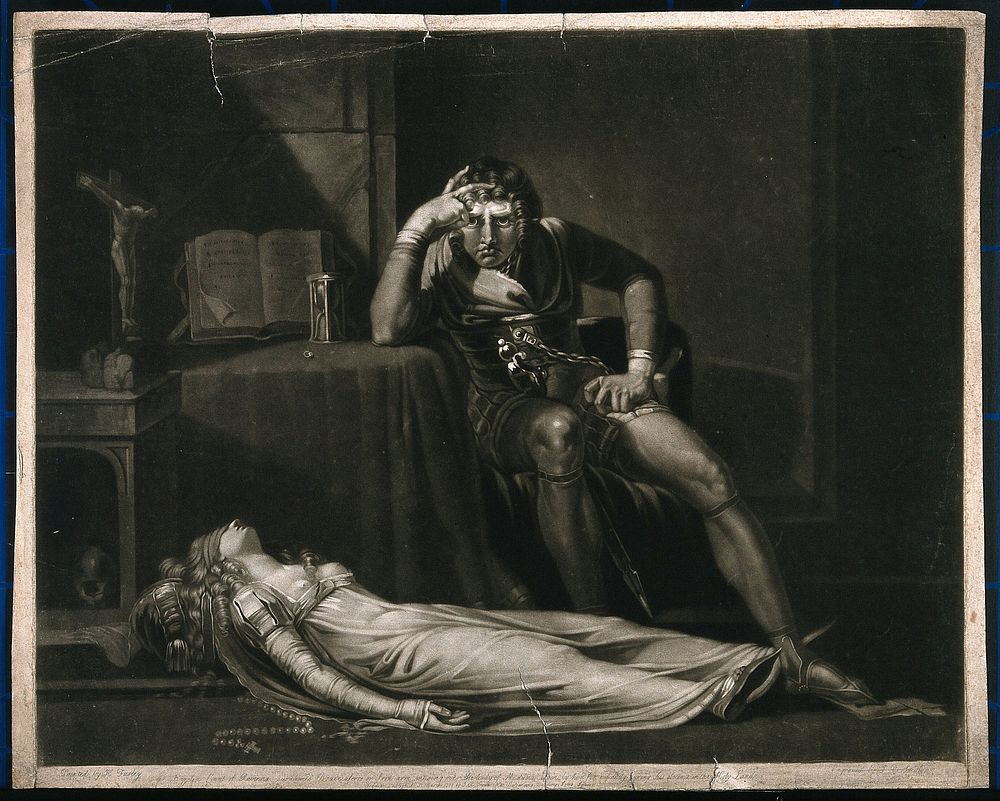 Ezzelin sitting next to the body of his wife Meduna after killing her for alleged adultery. Mezzotint by J.R. Smith after H.…
