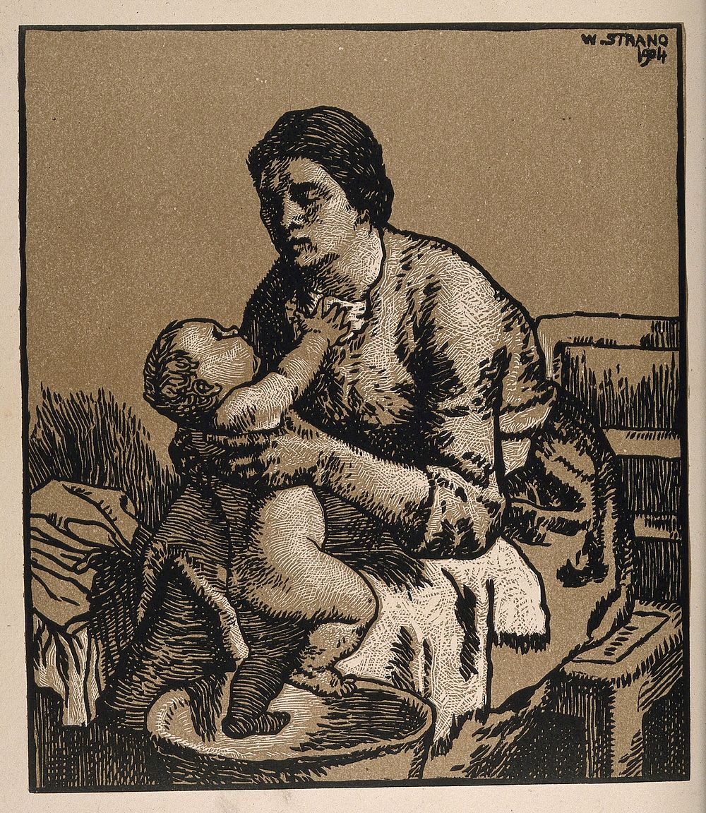 A woman washing her baby. Woodcut after W. Strang, 1904.