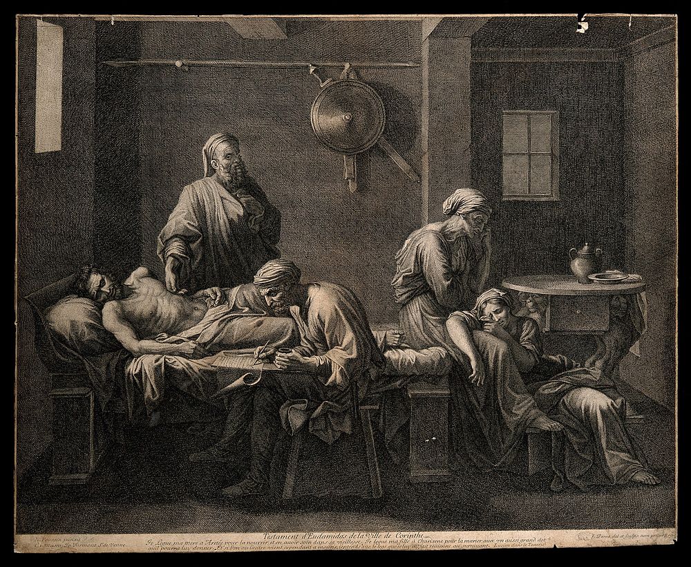 Eudamidas dictating his will on his deathbed, leaving the care of his mother and daughter to two friends. Engraving by J.…