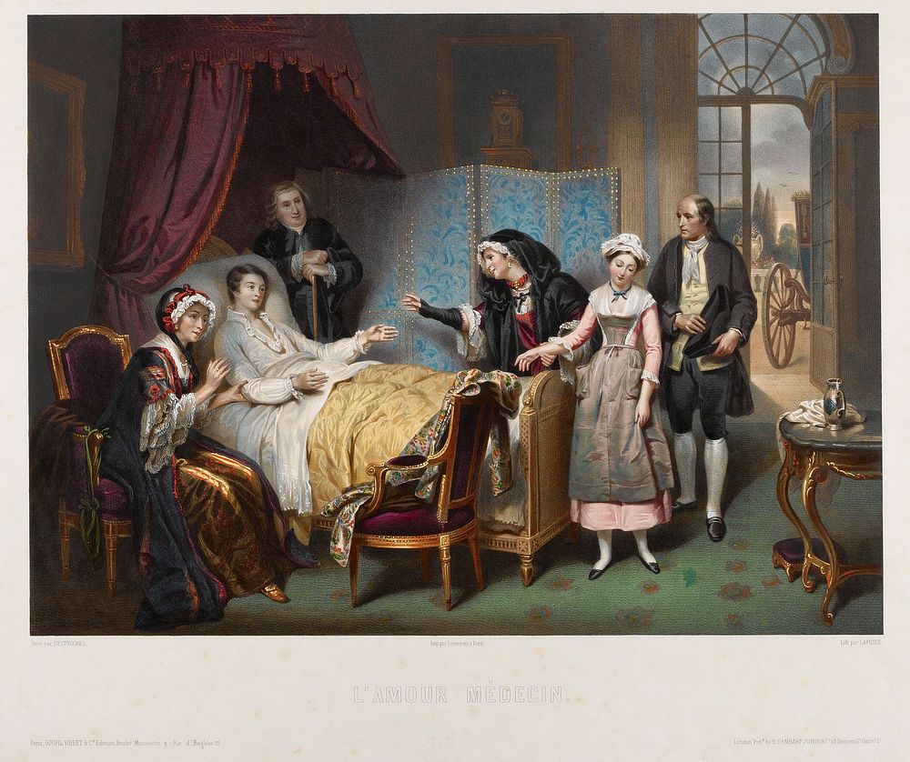 A young woman is brought to visit a sick young man in the hope that her love will cure him; relatives and attendants are…