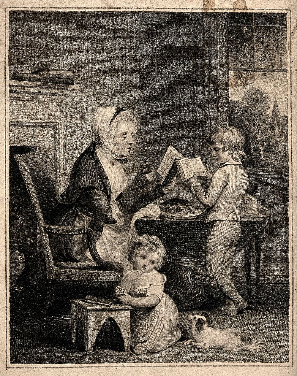 A woman teaches religion to a boy, while his sister plays with their dog. Stipple engraving after R. Westall.