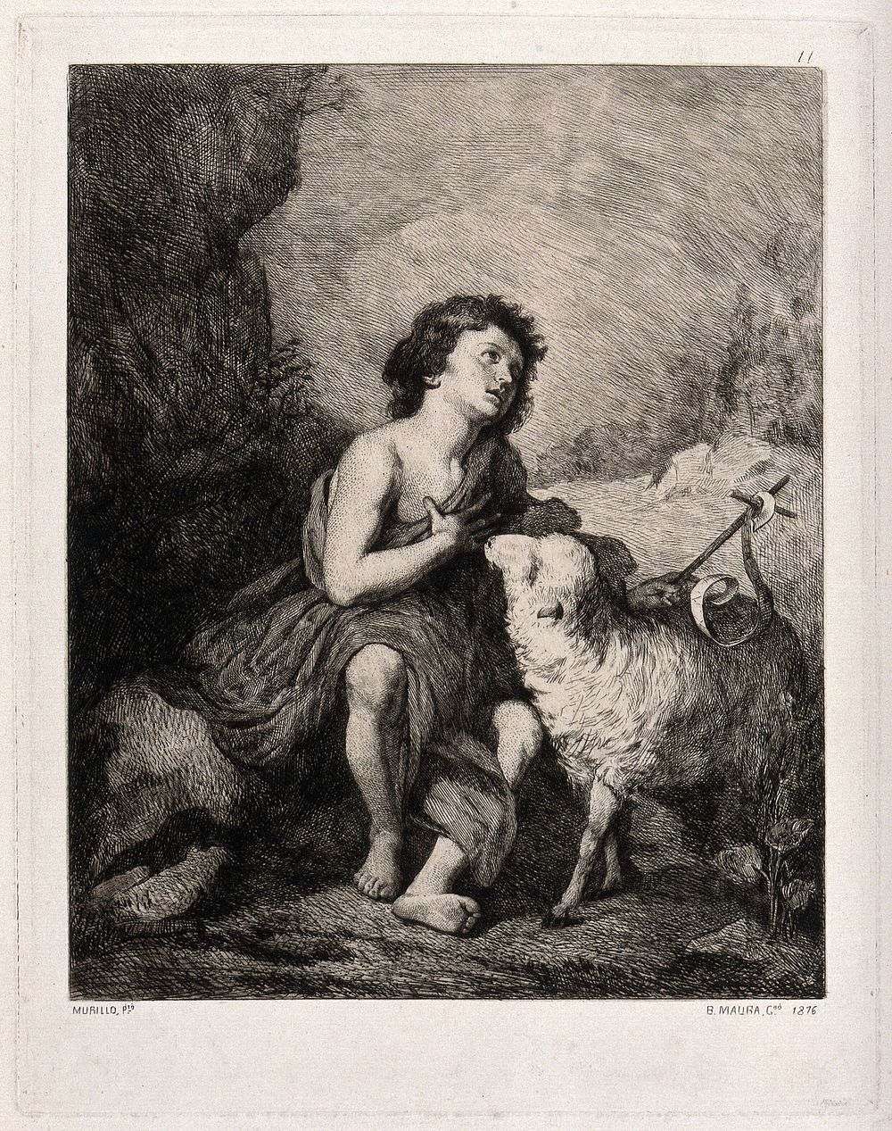 Saint John the Baptist as a child, seated, holding a cross, with a lamb. Etching by B. Maura after B.E. Murillo, 1876.