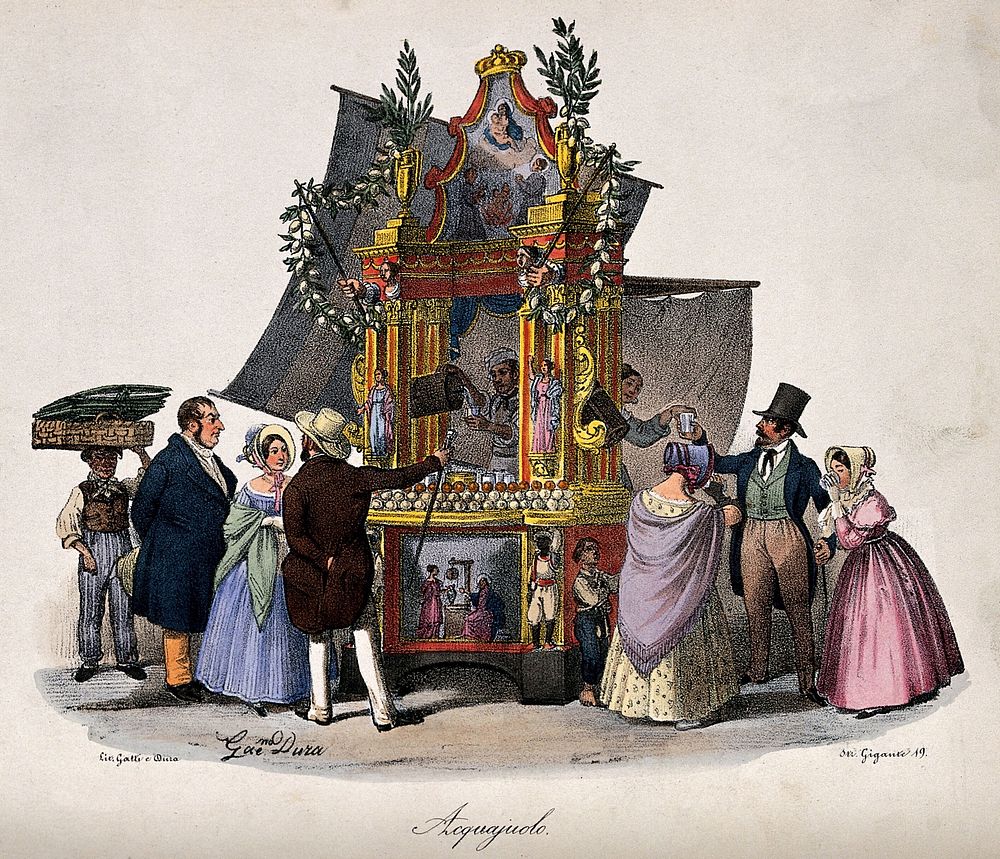Two groups of customers buying water to drink from a large ornate stand staffed by a man and a woman. Coloured lithograph by…
