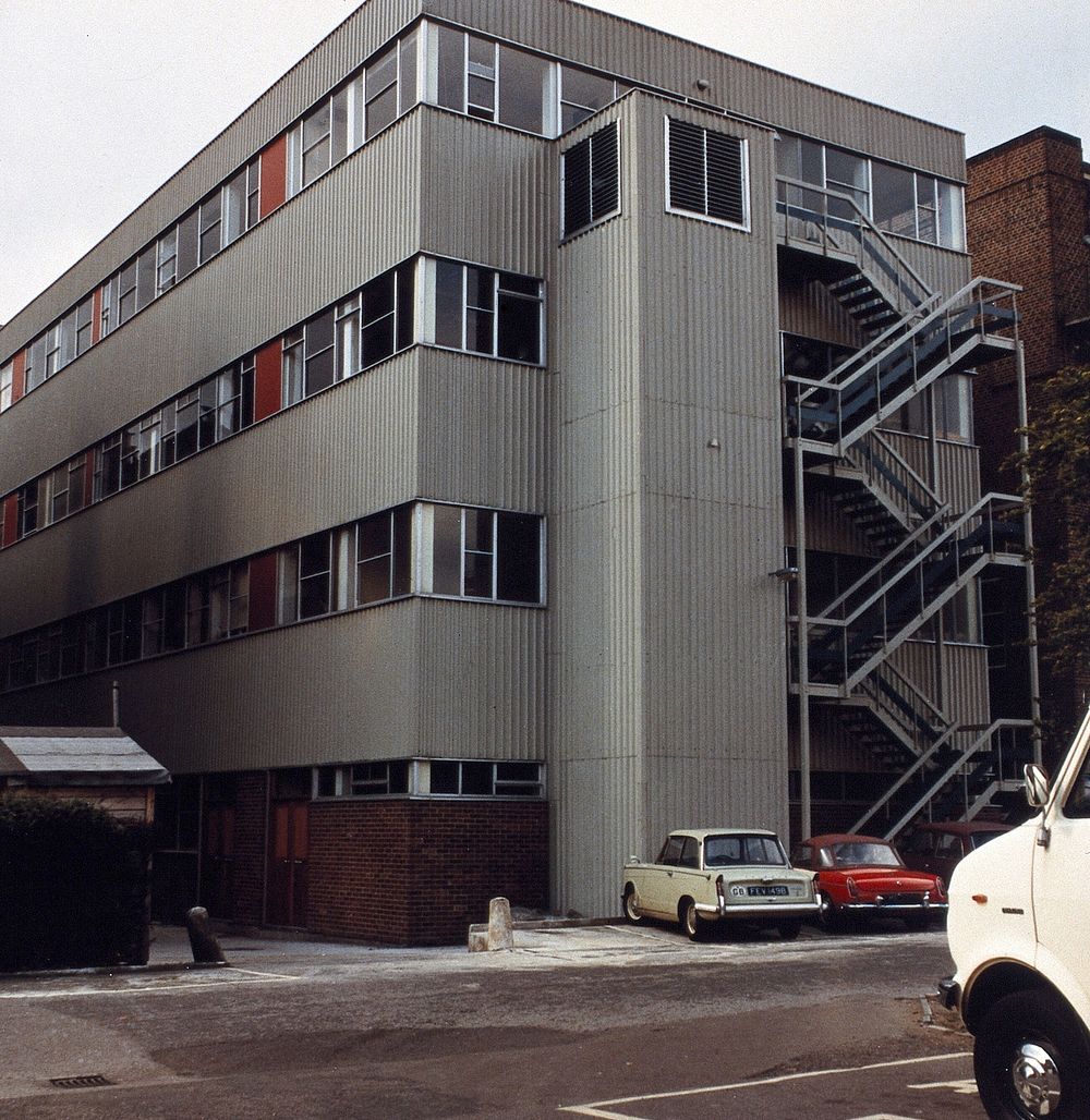 Hammersmith Hospital, London, England: the intensive care and dialysis unit: exterior. Photograph by H. Windsley, 1972.