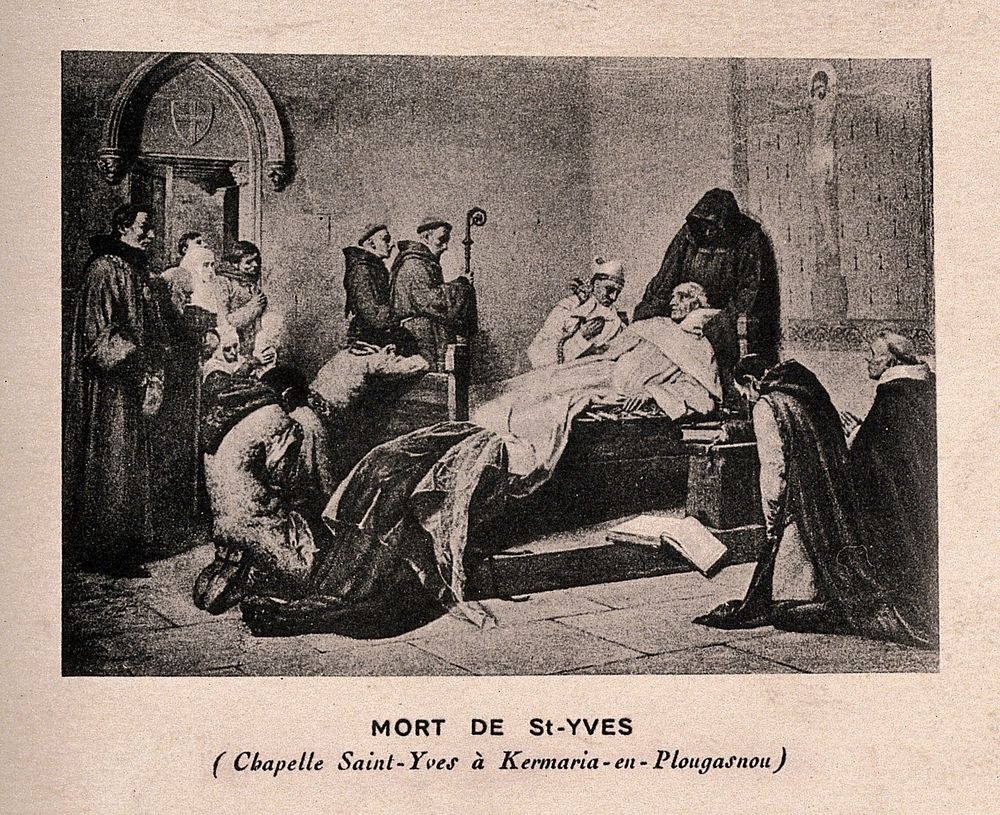 The deathbed of Saint Ivo of Kermartin. Process print after G. Mailand , 1837.