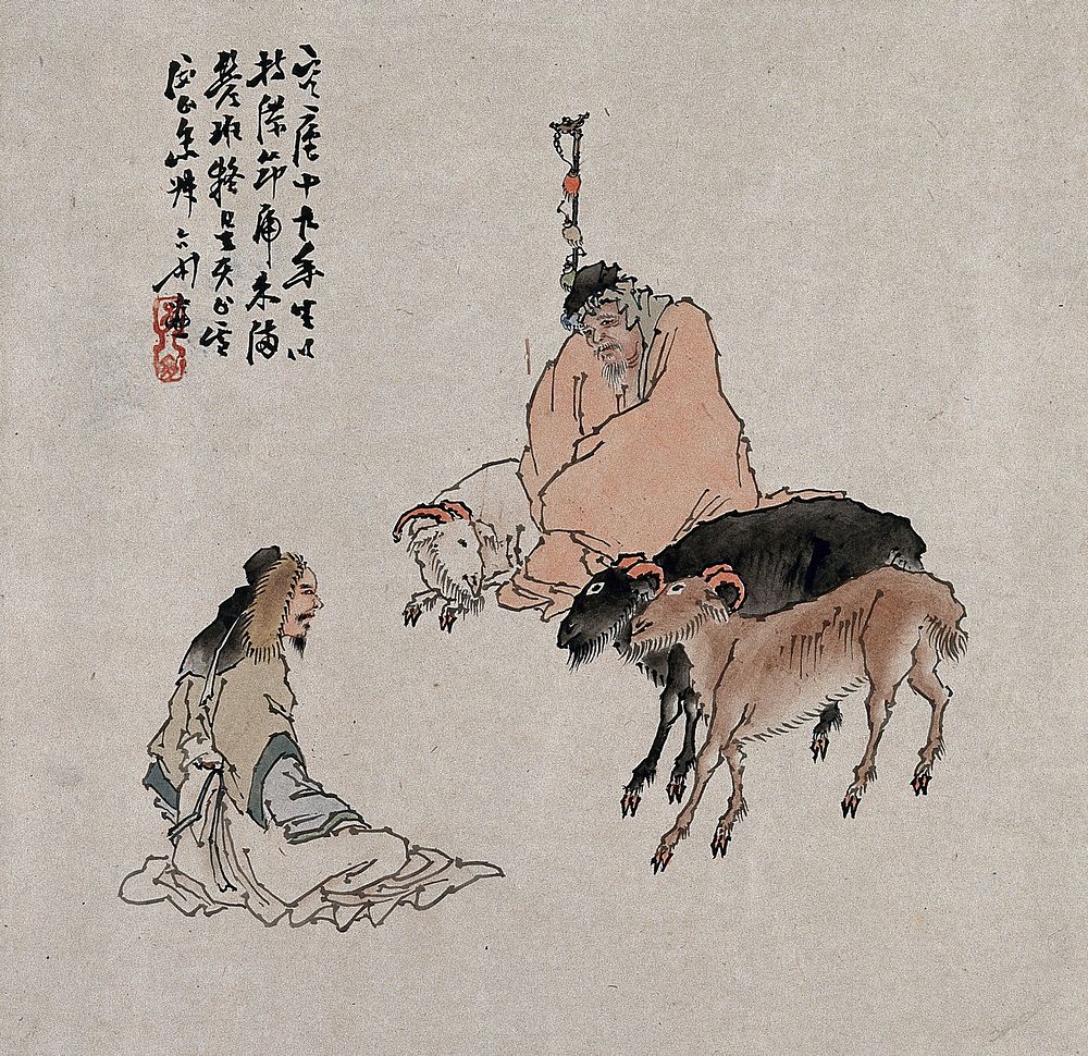 A Chinese man sits next to three goats in conversation with another man. Gouache painting by a Chinese artist, ca. 1850.