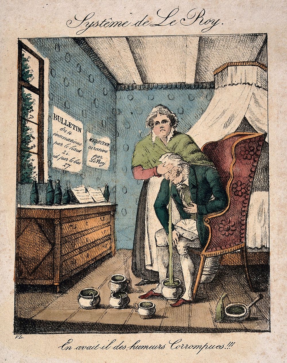 A woman holding a man's head while he is sick into a bowl. Coloured lithograph.