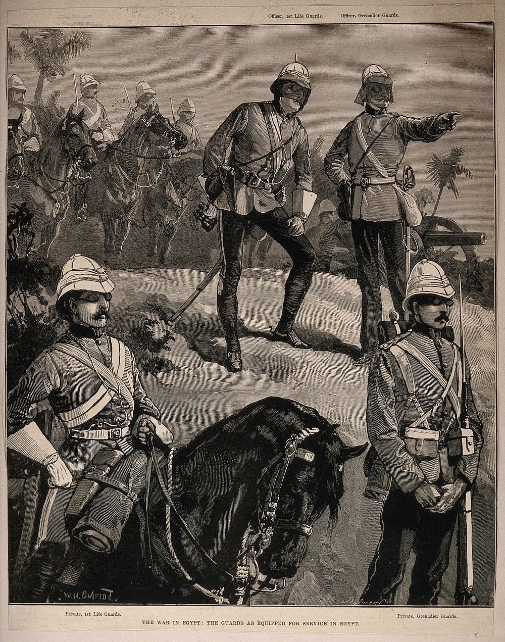 War in Egypt, Egypt: soldiers using the new eye protection and head gear. Wood engraving by W.J. Palmer after W.H. Overend.