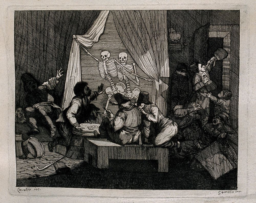 Two skeletons surprise a group of gamblers in an inn, by appearing suddenly from behind a curtain. Etching by Lavalée after…