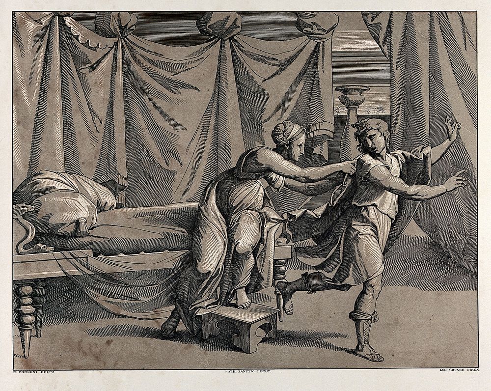 Joseph and Potiphar's wife. Colour lithograph by L. Gruner after N. Consoni after Raphael.