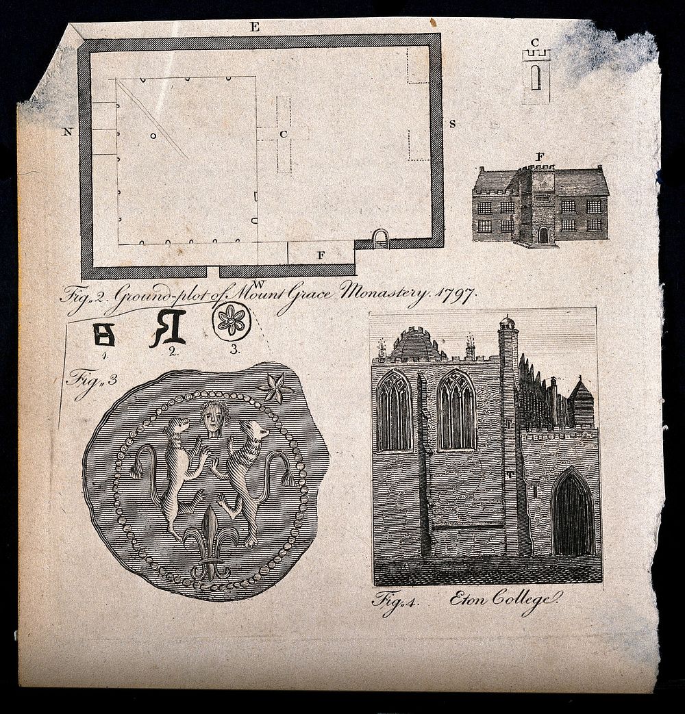 A sheet of details of Mount Grace Monastery and Eton College, with a seal and ground plan. Line engraving, 1797.