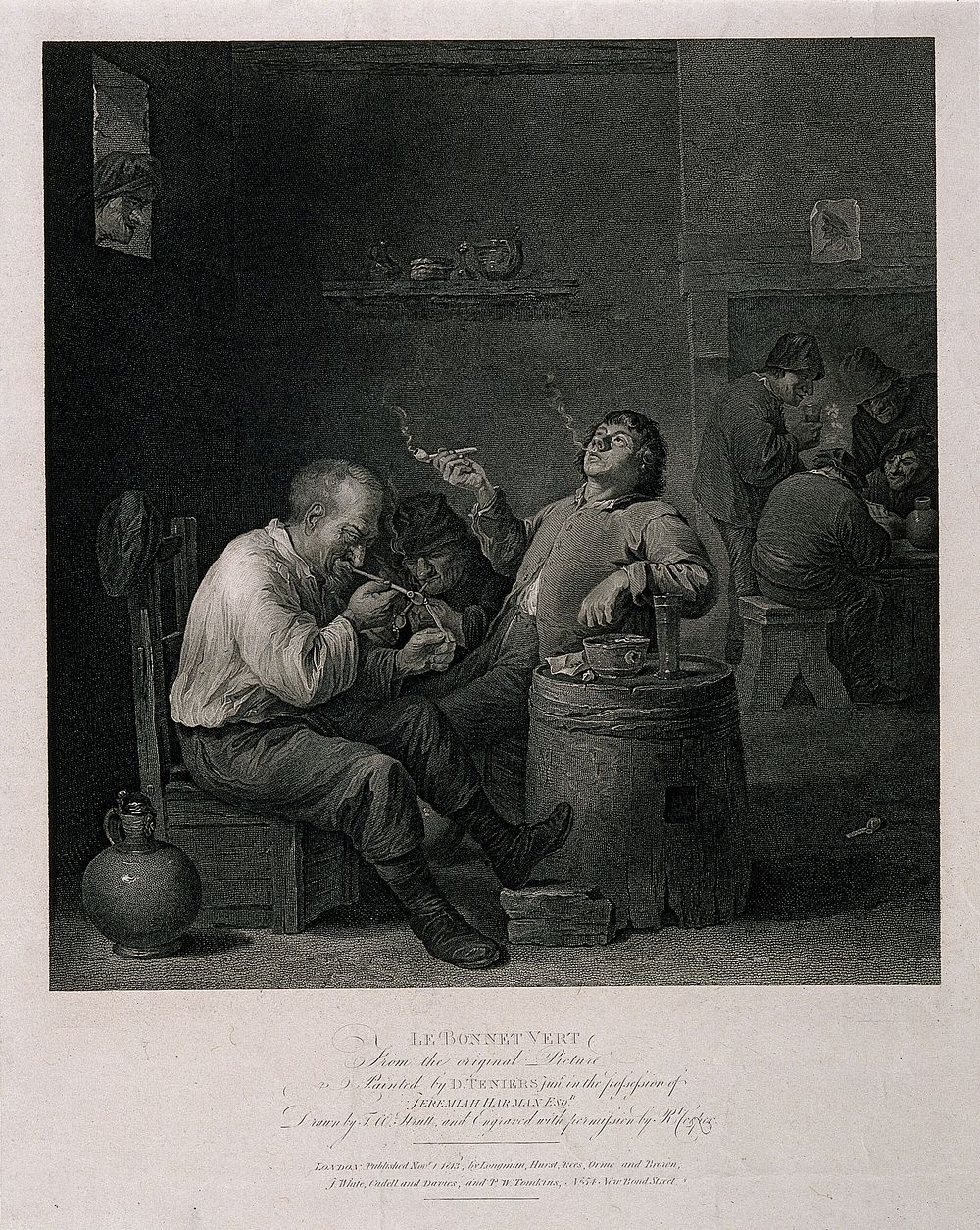 Three men sit smoking at a barrel-table in a dingy smoke-filled den, others play cards. Engraving by R. Cooper, c. 1813…