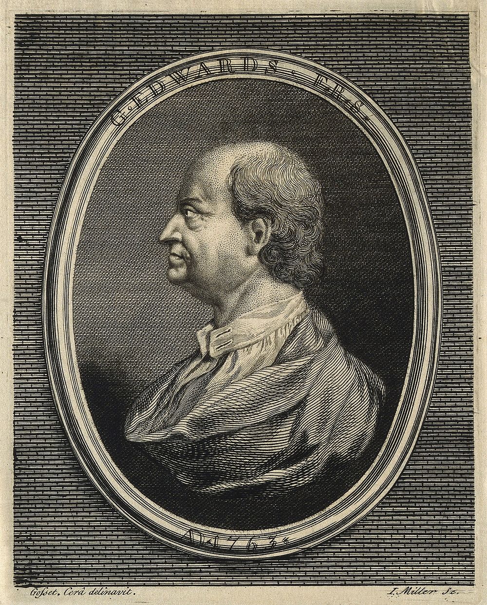 George Edwards. Line engraving by J. Miller, 1763, after I. Gosset.