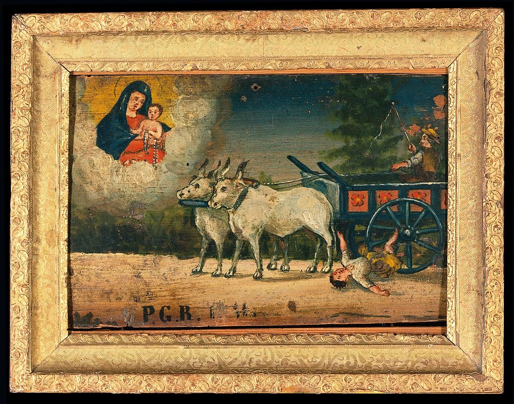 Votive picture: a boy falling under the wheel of an ox cart. Oil painting.