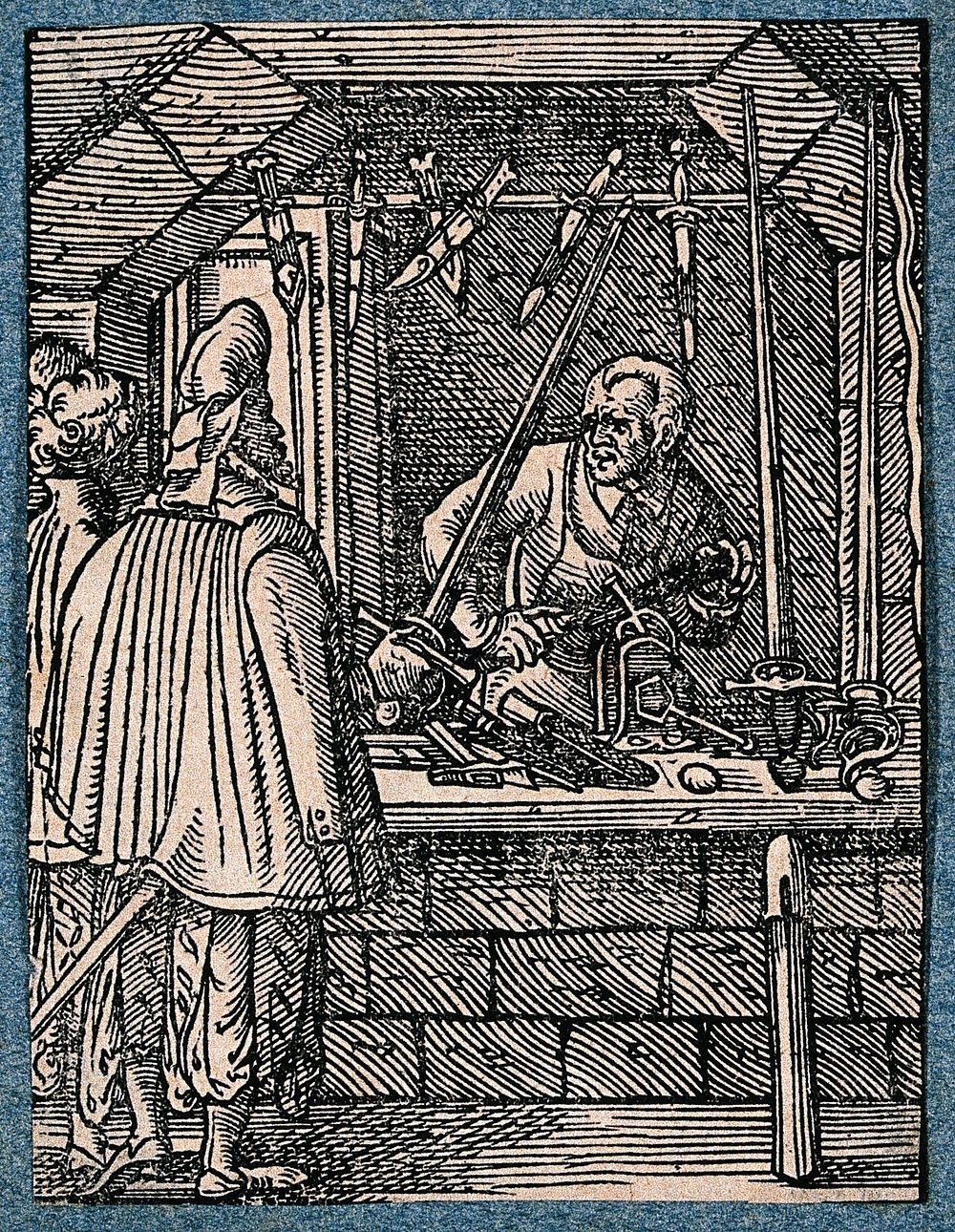 A cutler, or maker of knives, daggers and swords, working in his shop as a customer tests the weight of a sword. Woodcut by…
