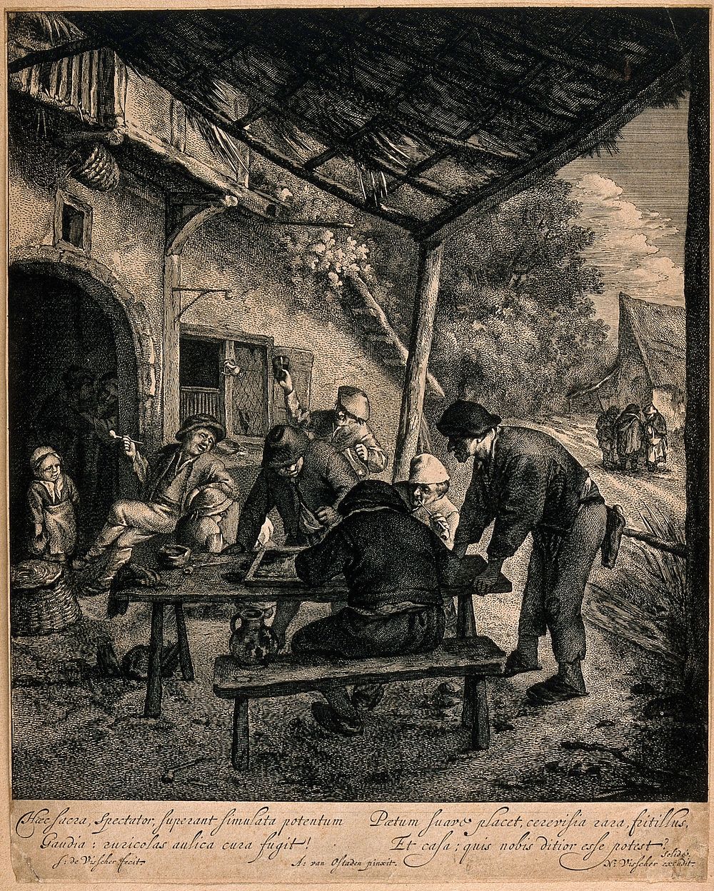 Men playing backgammon outside in an arbor, nearby others smoke and drink. Etching by J. de Visscher after A. van Ostade.
