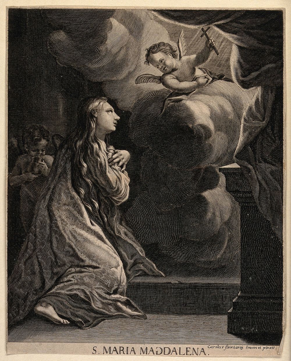 Saint Mary Magdalen. Line engraving after C. Cignani .