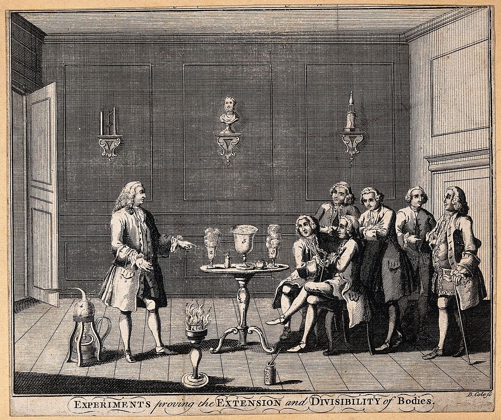 Natural and experimental philosophy: a group of seated men attending a lecture. Engraving by B. Cole.