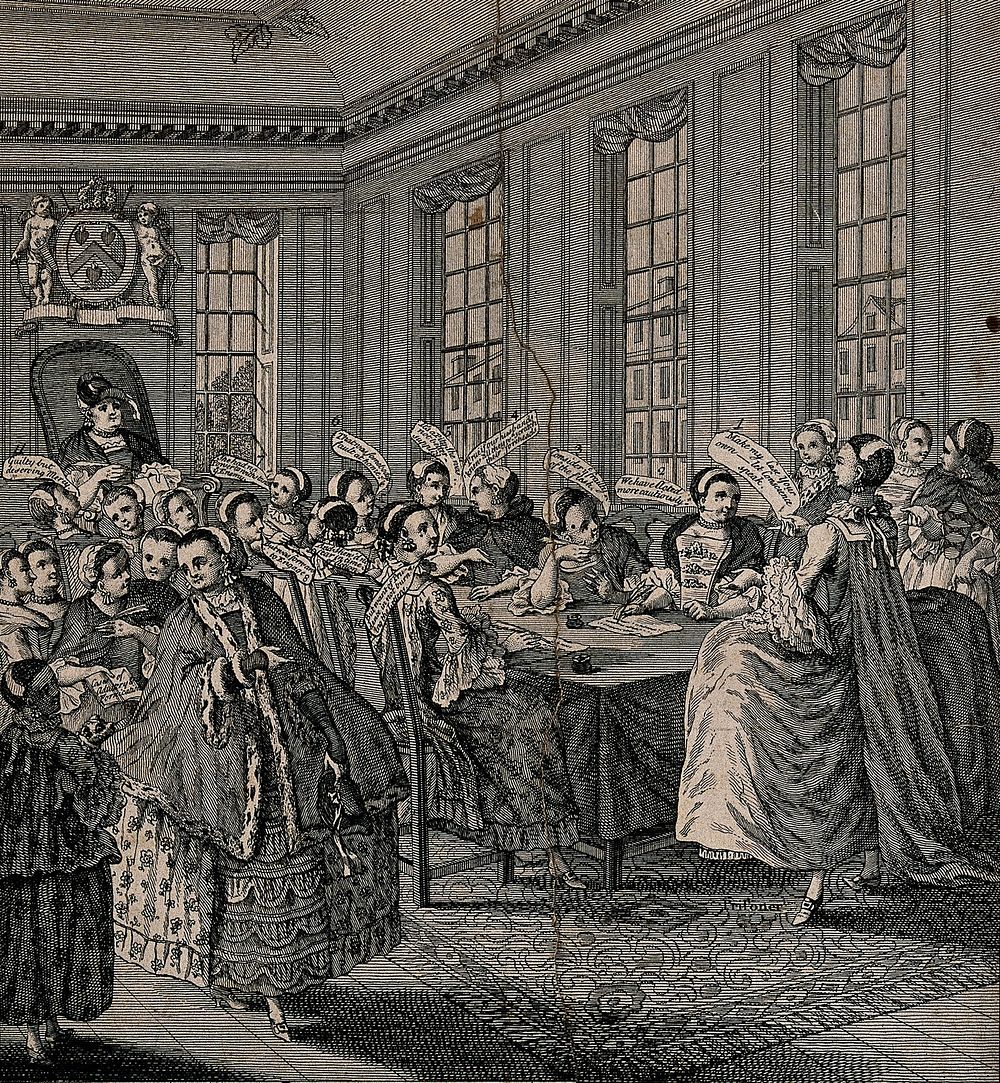 A group of women gathered in a room and around a table with a woman in a large chair presiding over the group. Engraving.