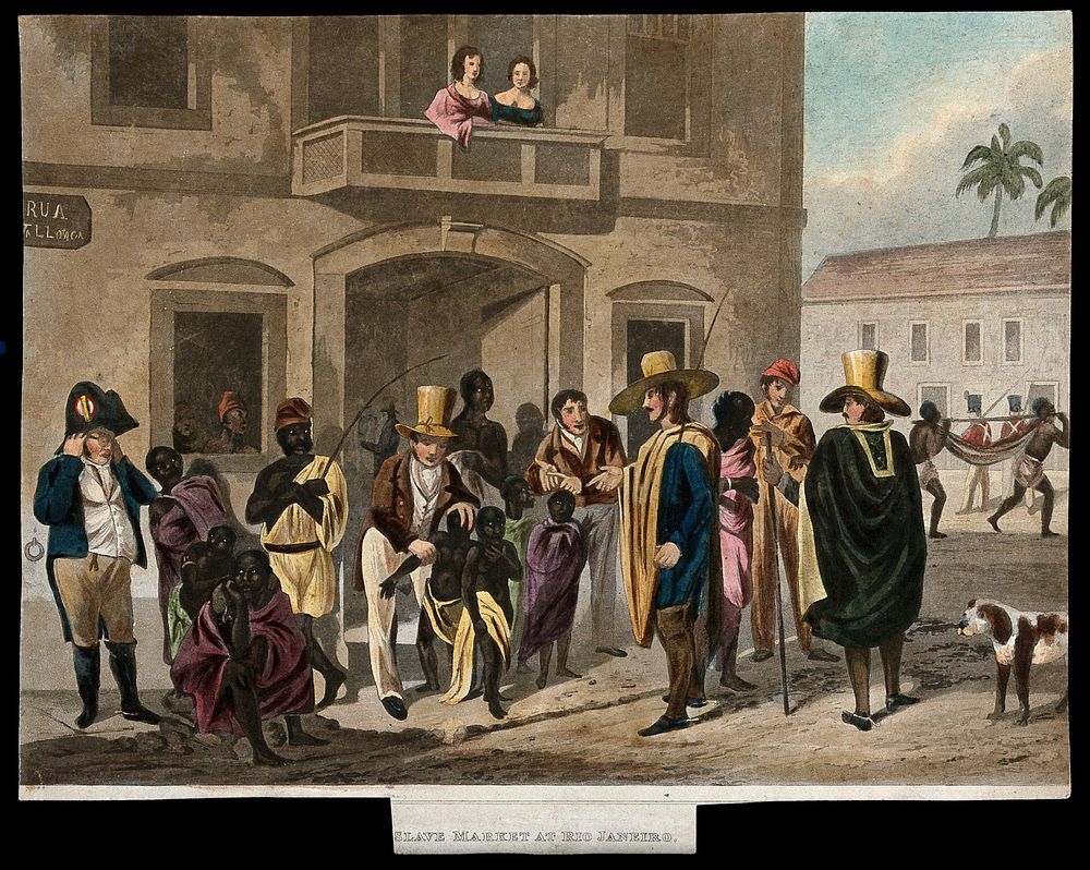Rio de Janeiro: young children are being sold as slaves to men in cloaks and wide hats. Aquatint by Edward Finden, 1824…