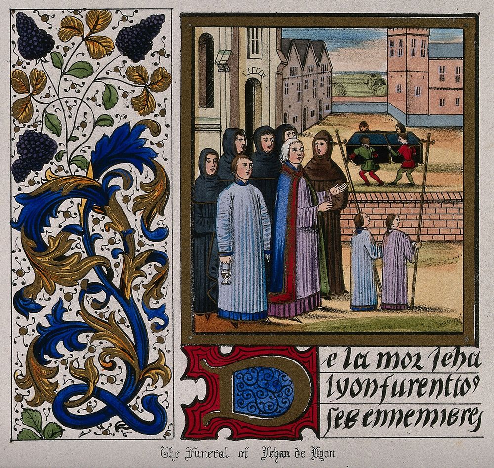 The funeral procession of John of Lyon. Coloured lithograph.