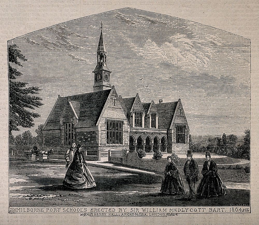 Milborne Port Schools, Milborne Port, Somerset. Wood engraving by Walmsley, 1864, after H. Hall.