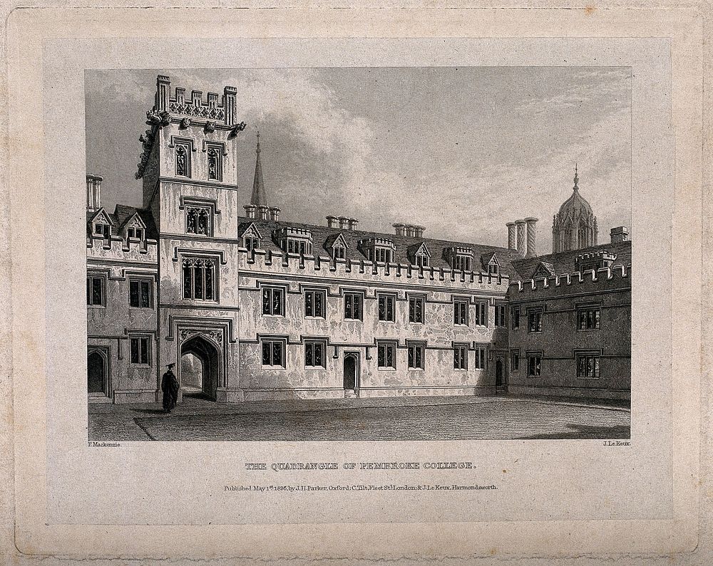 Pembroke College, Oxford: quadrangle. Line engraving by J. Le Keux, 1836, after F. Mackenzie.