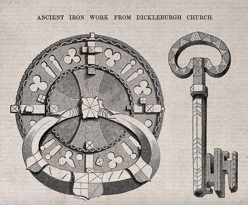 Architecture: a lock and key with gothic ornament. Wood engraving by C. D. Laing.