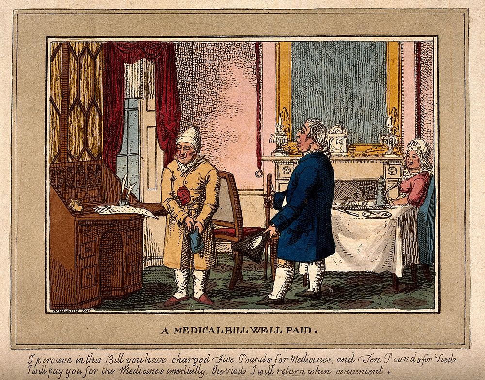 A doctor and his patient talking at cross purposes. Coloured etching by C. Williams, 1823.