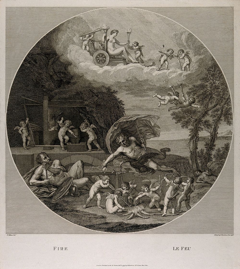 Vulcan in his forge with Jupiter throwing bolts of lightning, Venus in the sky above, symbolising the element fire. Etching…