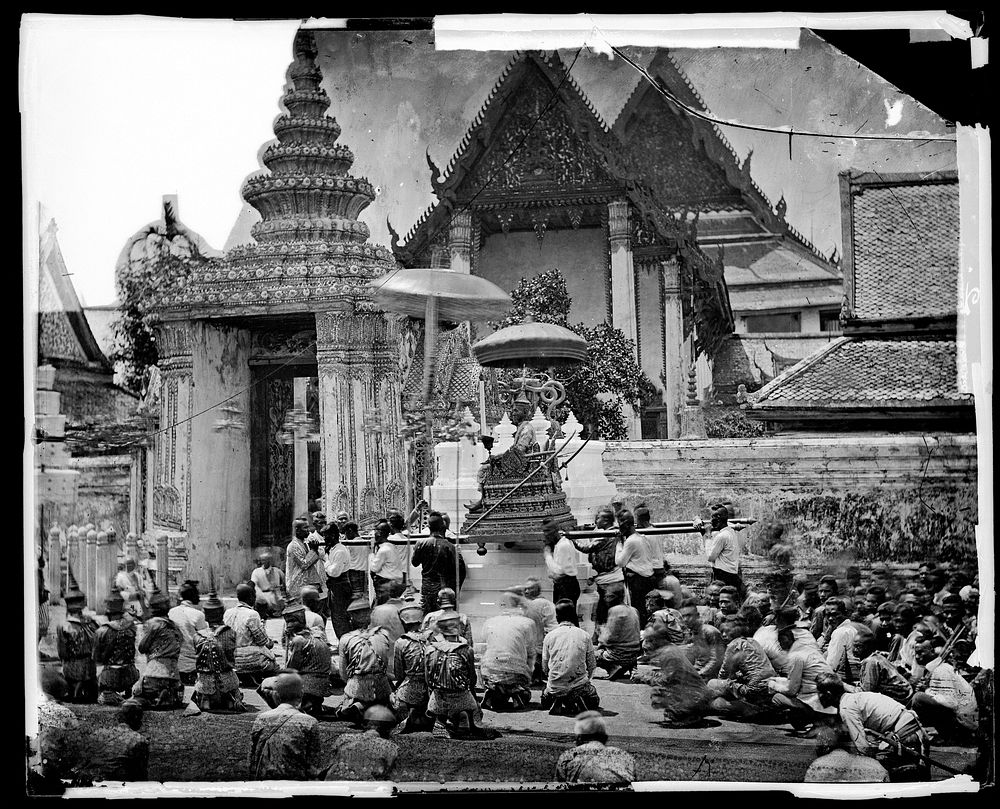 King Mongkut of Siam [Thailand] arriving at the Temple of the Reclining Buddha (Wat Pho) for the ceremony of the Lenten…