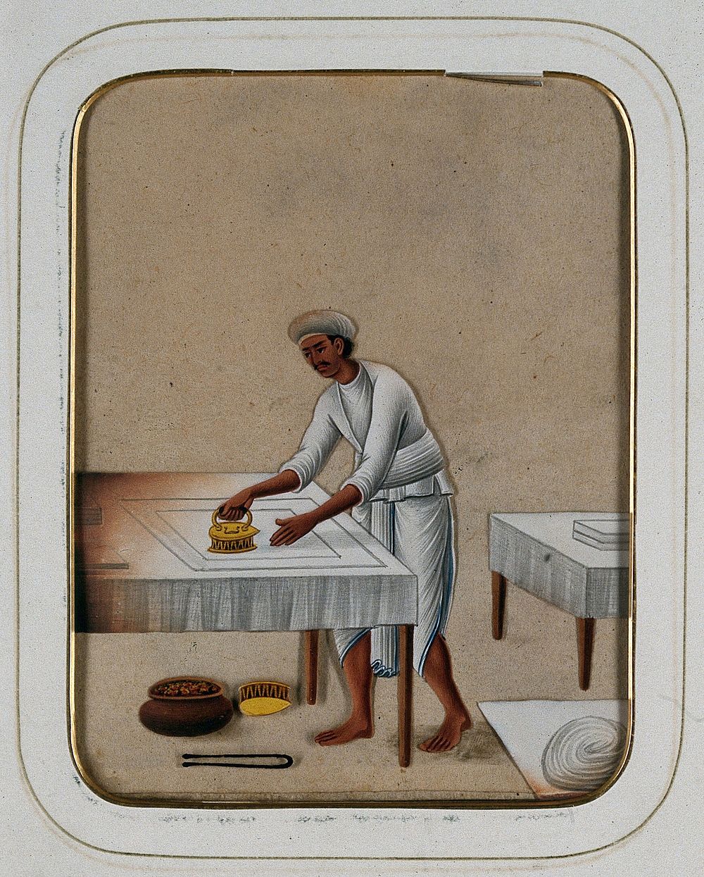A man ironing clothes. Gouache painting on mica by an Indian artist.