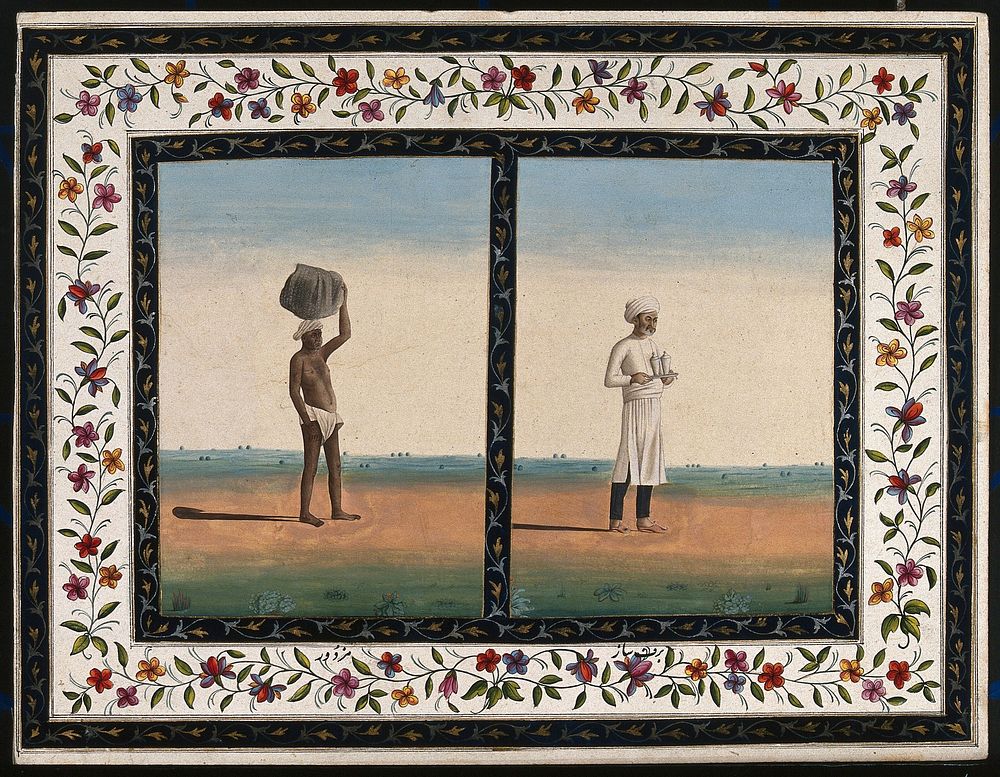 Left, a labourer carries a heavy load on his head; right, an attendant or bearer carries a tray. Gouache painting by an…