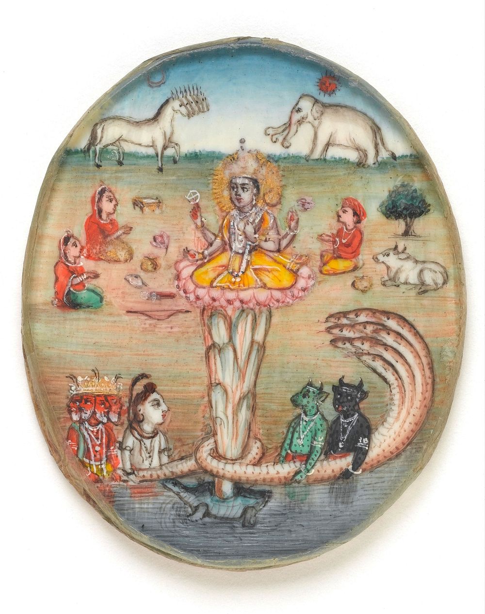 The churning of the ocean by gods and demons to retrieve the nectar of immortality; below, Lord Vishnu's avatar as Kurma…