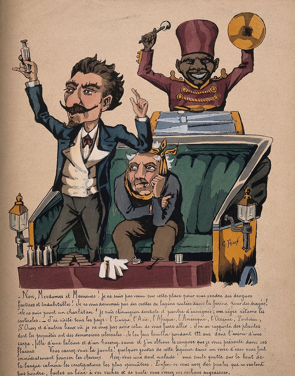 A medicine show; a moustachioed charlatan holds up a phial, a miserable patient sits in the carriage and a black man in…