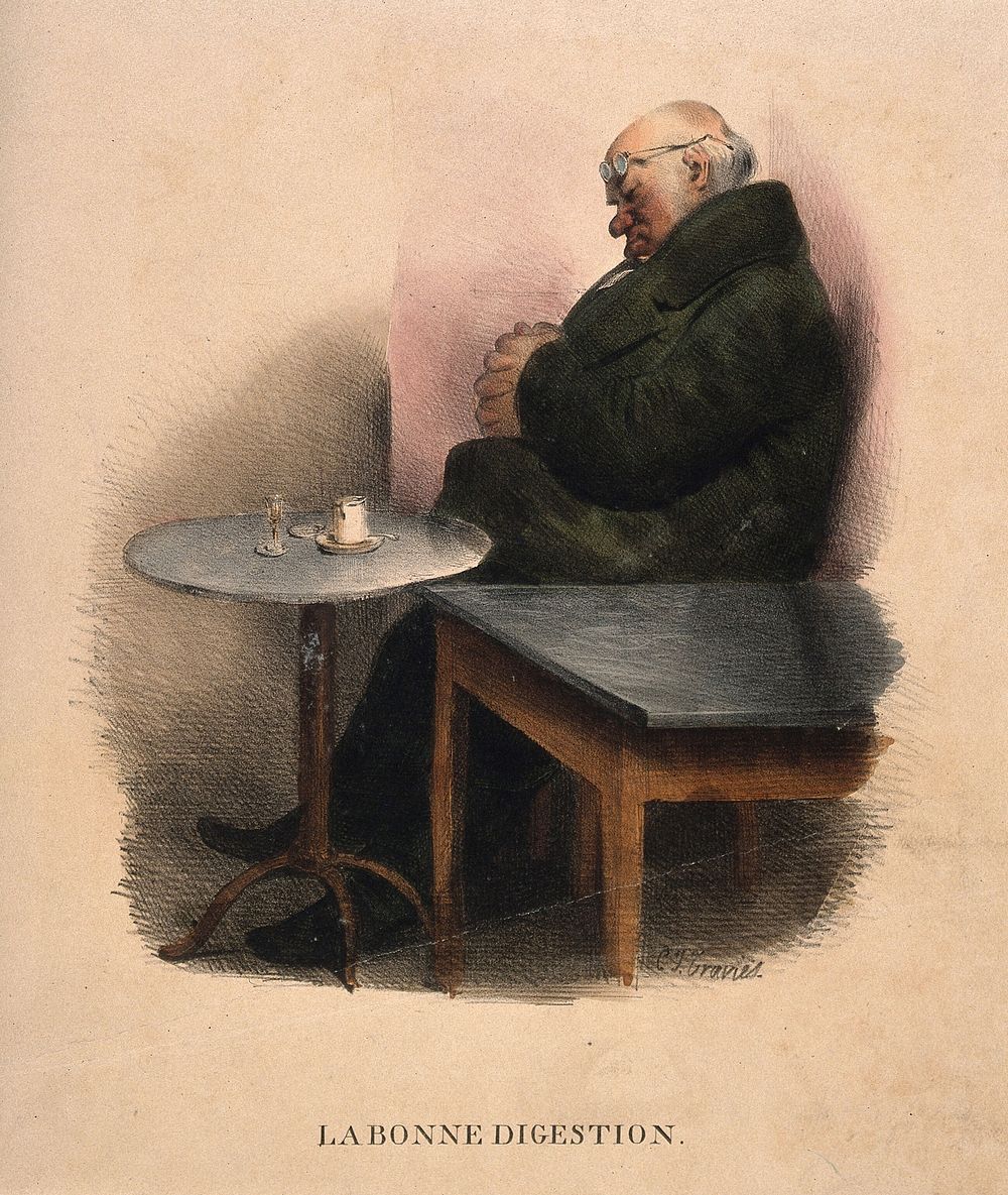A man resting after a drink; representing good digestion. Coloured lithograph by C.J. Traviès.