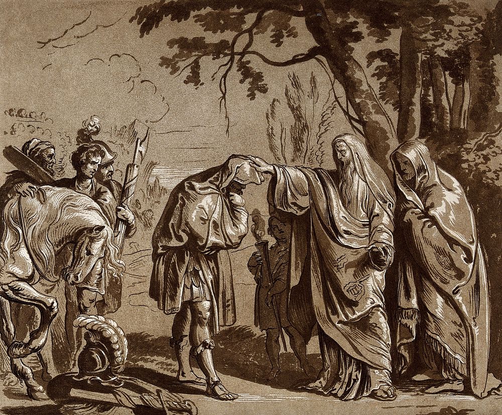 A man wearing a cloak touching the head of a bowing man, during an outdoor ceremony. Aquatint by C.M. Metz after P.P. Rubens…
