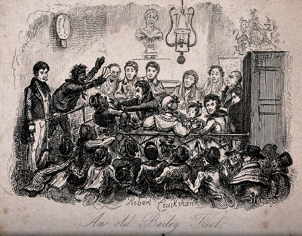 A man at the edge of the room waves his arms as a man attacks one of his friends. Etching by Robert Cruikshank.