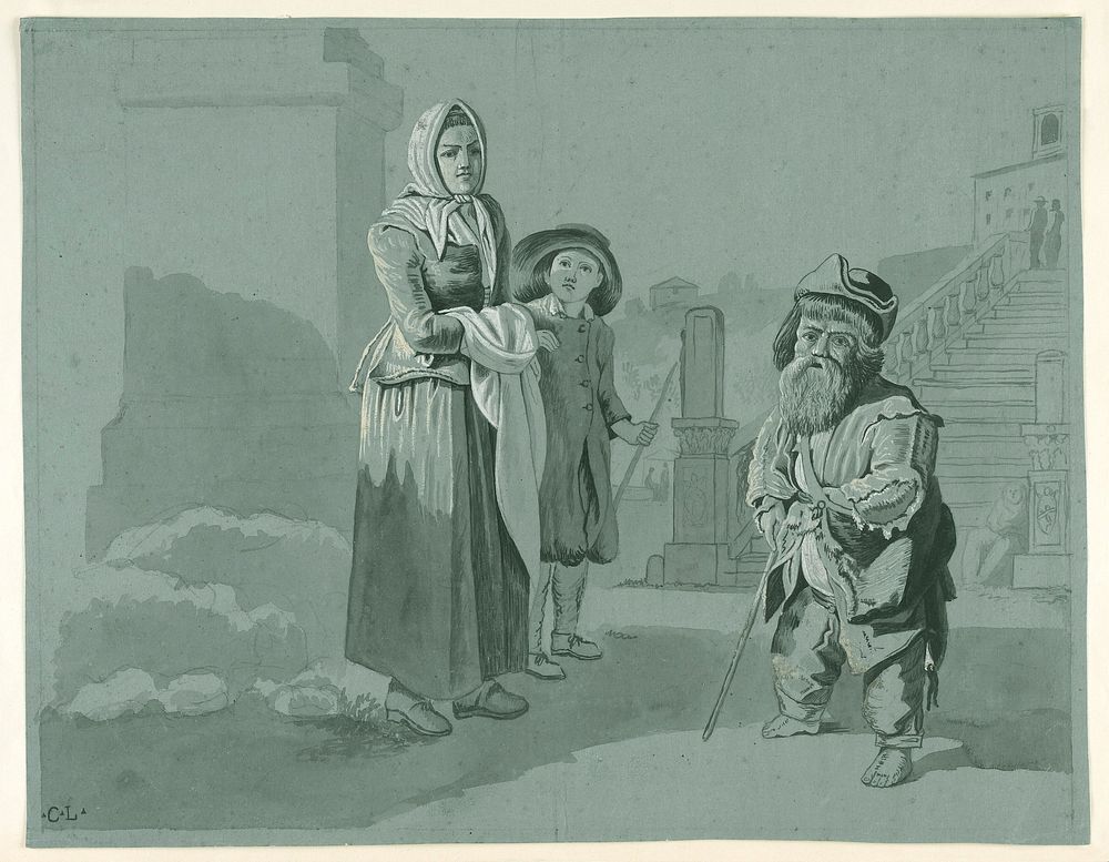 Rome, the Spanish Steps: a woman and a boy looking at a male dwarf standing at the foot of the steps. Wash drawing by C.L.…