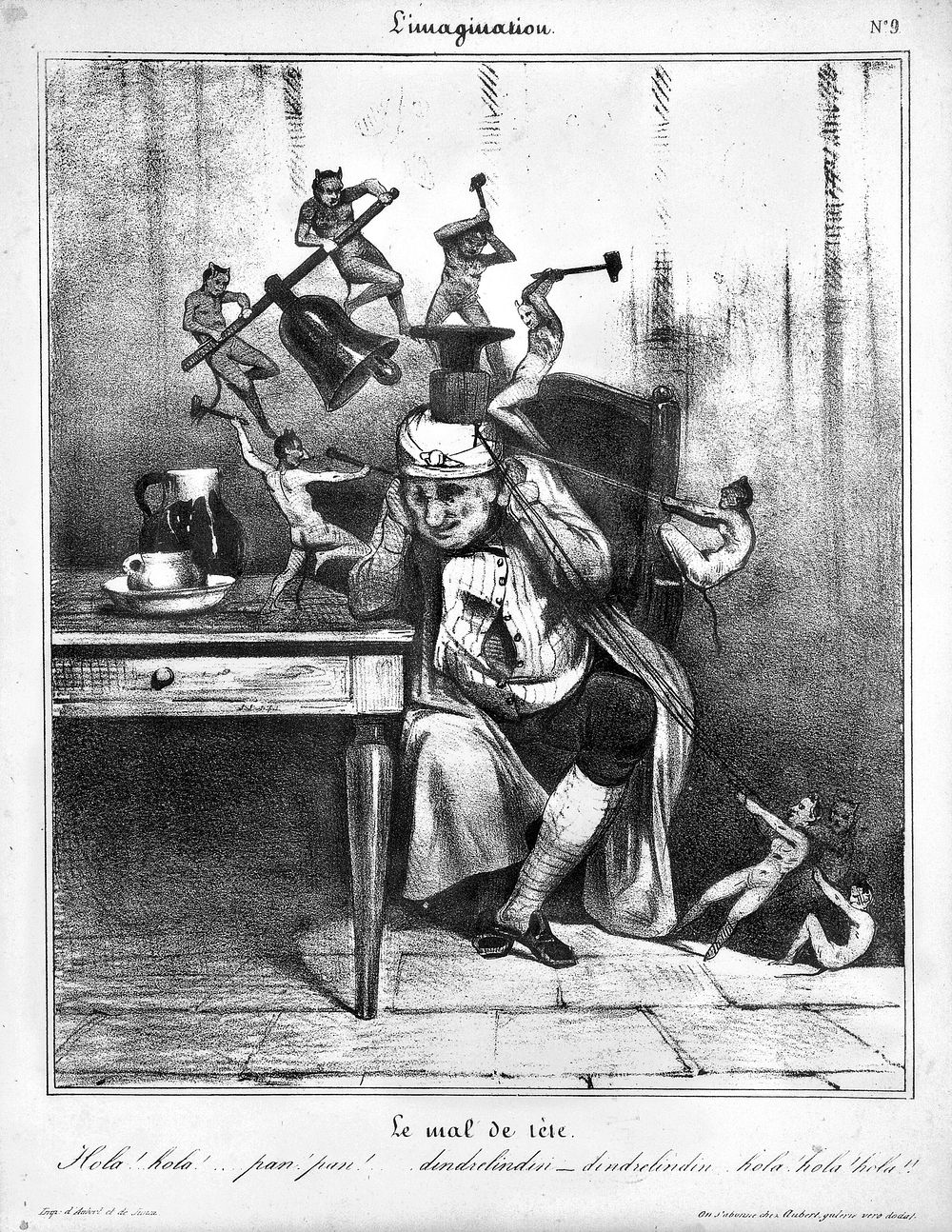 Devils besiege a man's head; symbolising headache. Lithograph by C. Ramelet after H. Daumier, c. 1833.