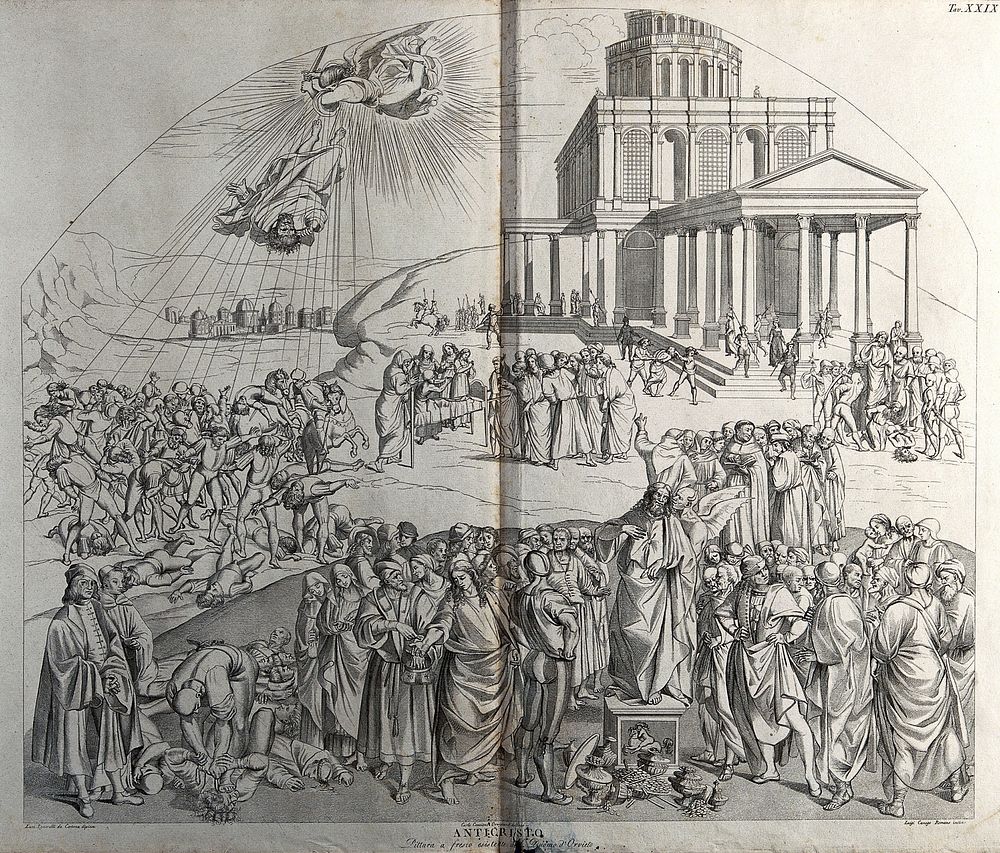 The appearance of the Antichrist. Engraving by L. Cunego and C. Cencioni after L. Signorelli.