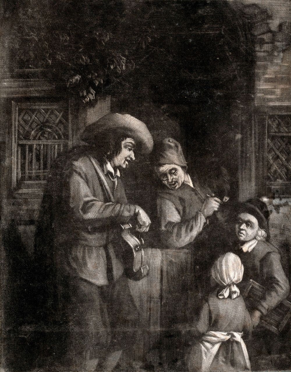 A hurdy-gurdy player standing by the door to a house; the man in the house smokes a pipe at the door, and two children look…