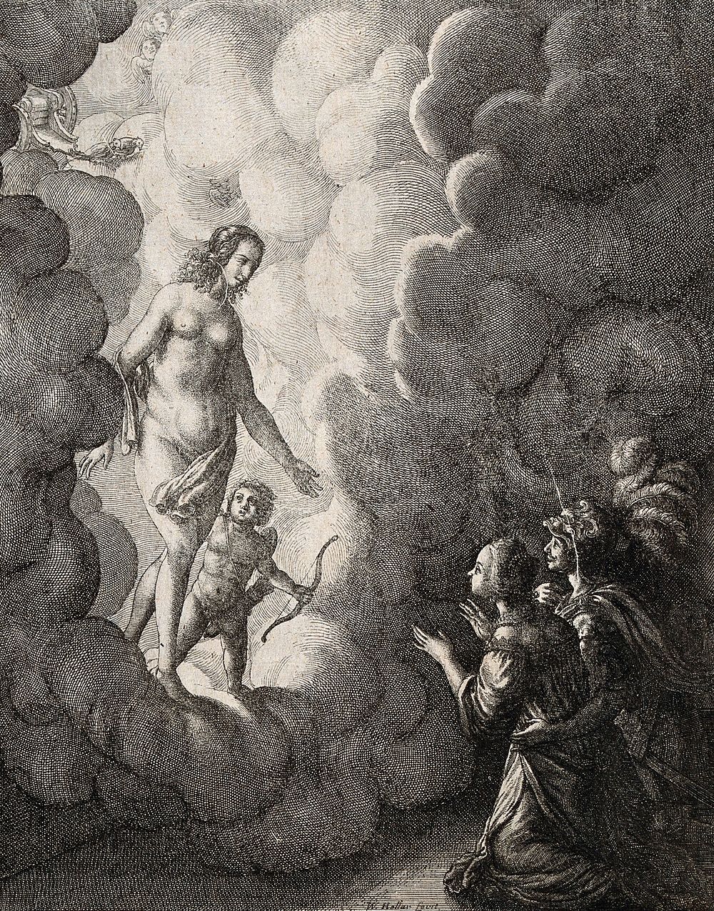 Venus and Cupid descend from the clouds towards a widow of Ephesus and a soldier who is in love with her. Etching by W.…