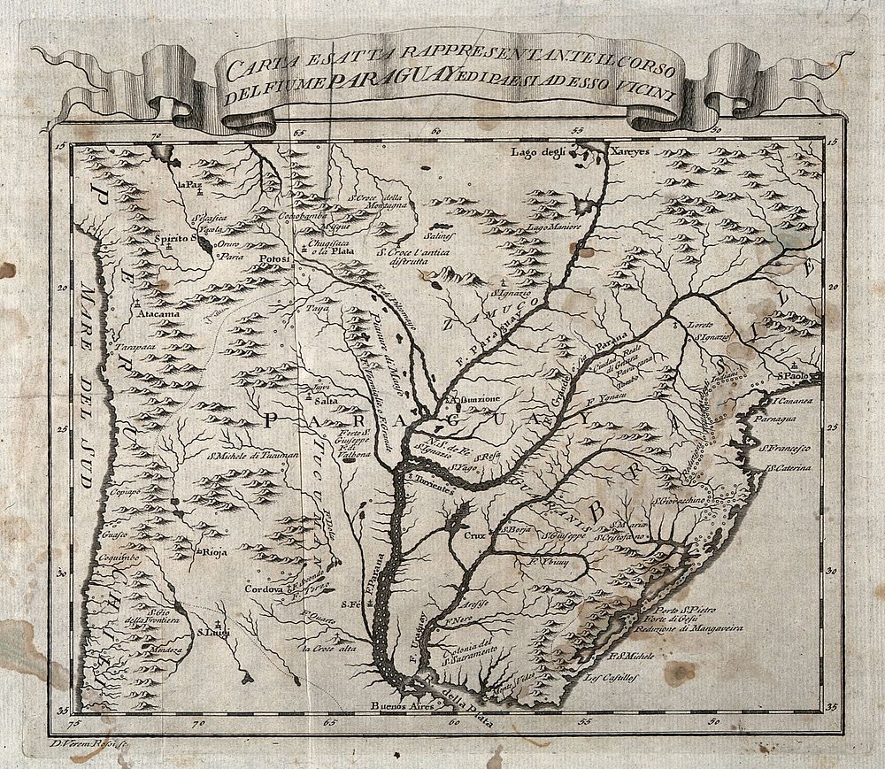 A map of Paraguay and surrounding area, illustrating where cinchona (quinine) was allegedly first discovered in 1626.…