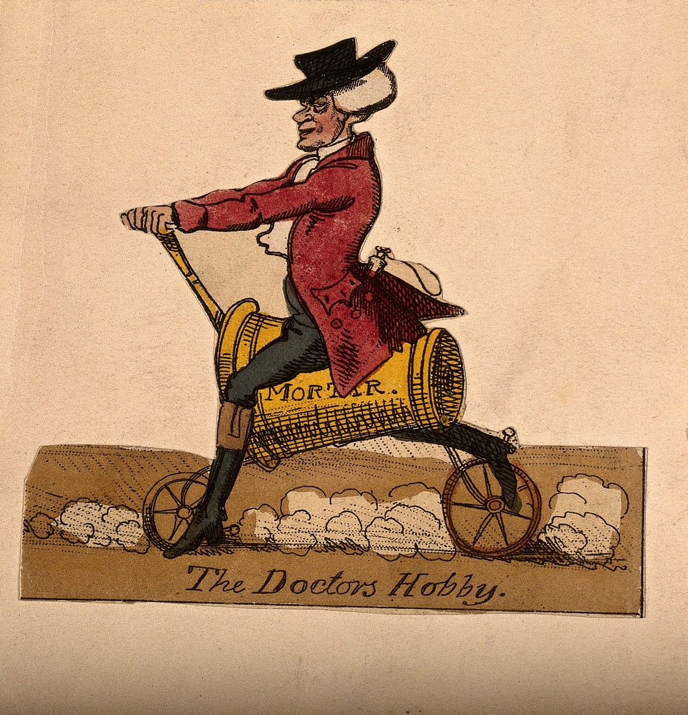 An apothecary riding a velocipede (bicycle) in the form of a pestle and mortar. Coloured etching, ca. 1819.