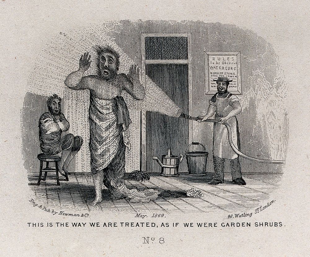 A man visiting a health resort is being sprayed with water; man seated on a stool in the background. Etching, May 1869.