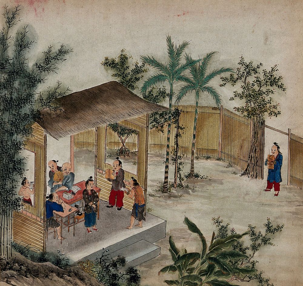 Two women from Formosa have a conversation in front of a thatched cottage on stilts. Painting by a Taiwanese artist, ca.…
