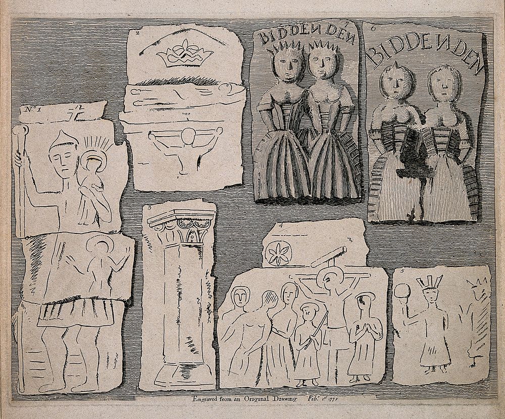 Bas-reliefs of the conjoint twins called the Biddenden Maids, and five other subjects. Etching, 1775.