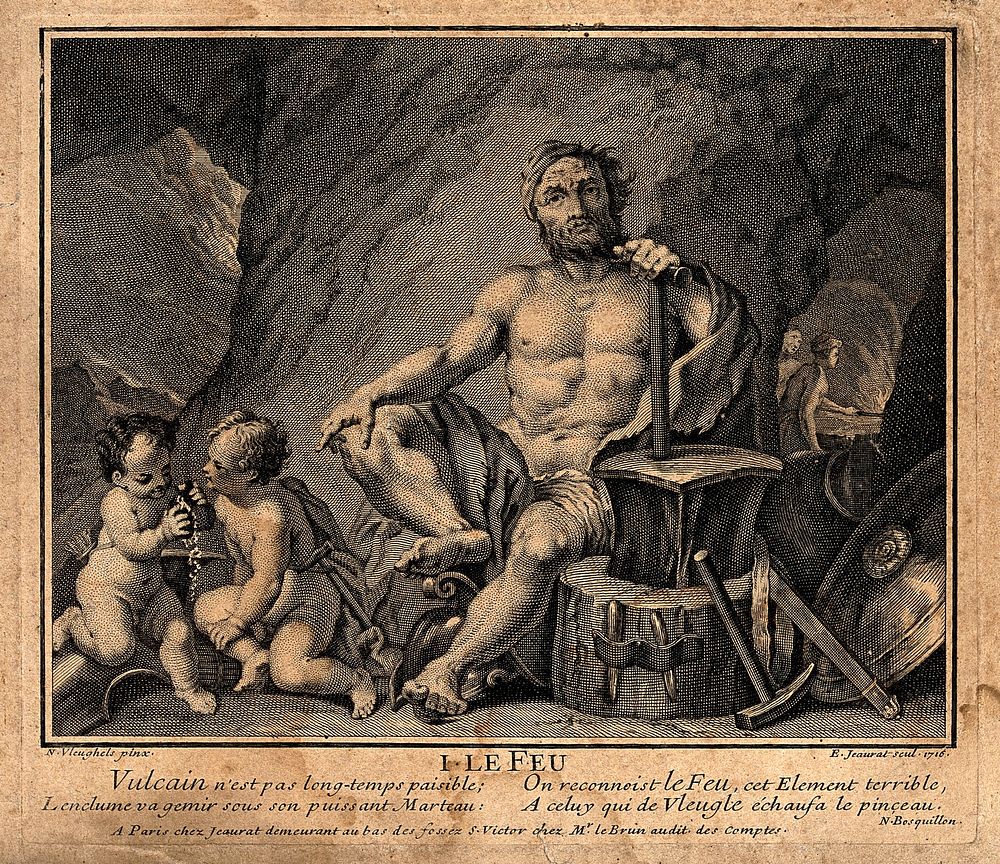 Vulcan at his forge; representing fire. Engraving by E. Jeaurat, 1716, after N. Vleughels.