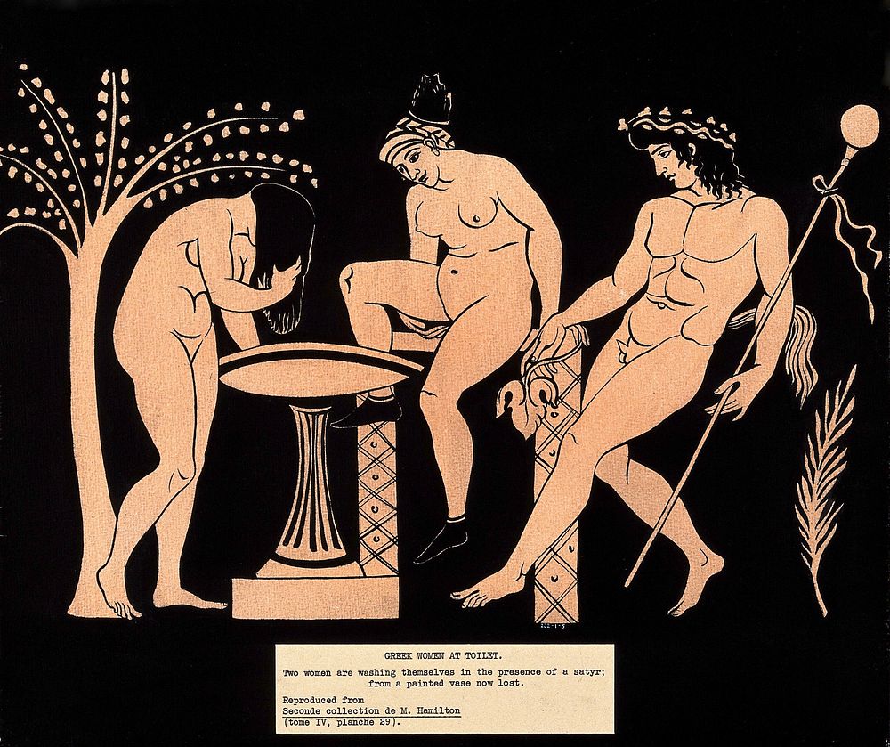 Two women at a wash-basin; to the right is a man with the attributes of an initiate of Dionysus. Gouache painting by S.W.…